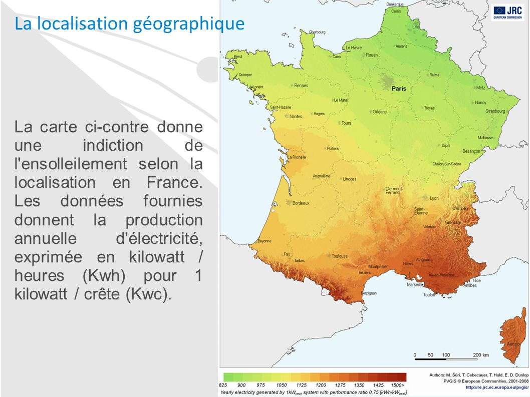 kWh/kWc en France selon l'exposition soleil