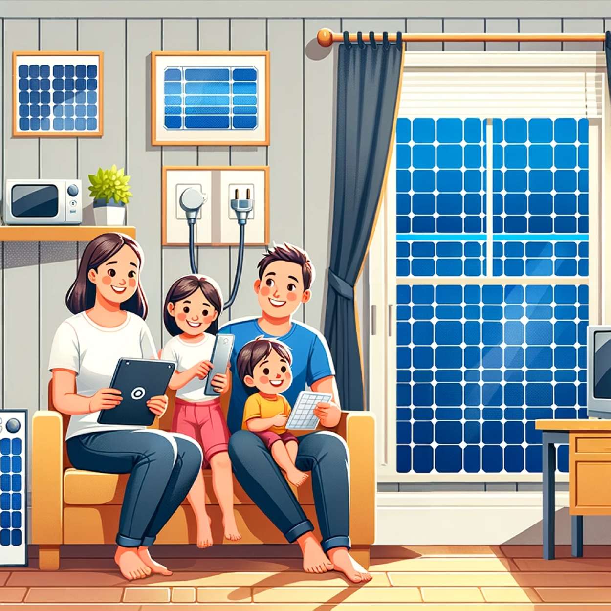 famille heureuse panneaux solaires plug and play