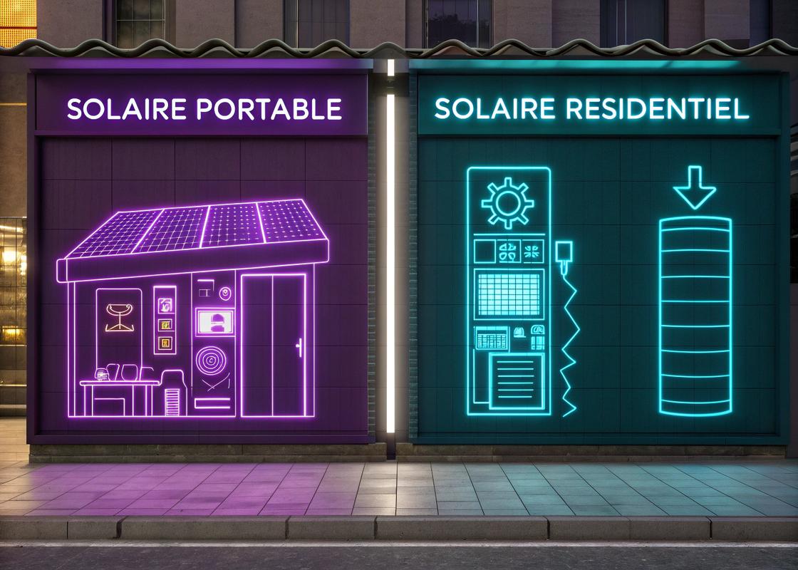 Illustration en art digital comparant un système solaire portable avec un système photovoltaïque résidentiel fixe, avec interface futuriste en tons de violet et cyan.
