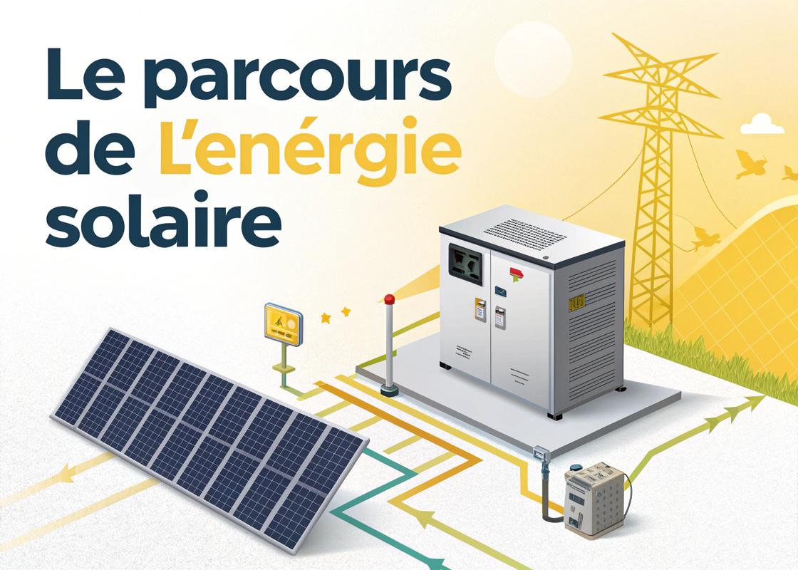 Infographie expliquant le fonctionnement d'un générateur photovoltaïque, avec panneaux solaires, flux d'énergie, batterie et onduleur, en design vectoriel clair et moderne avec le titre 'Le parcours de l'énergie solaire'.