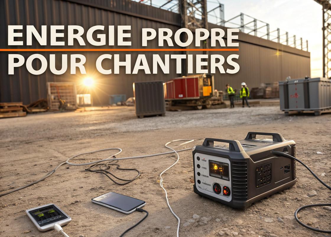 Générateur photovoltaïque portable alimentant des outils et smartphones sur un chantier.