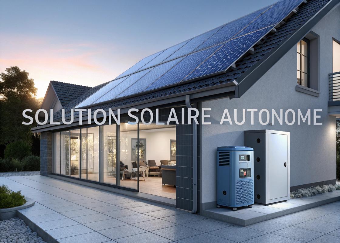 Installation avancée de panneaux solaires sur une toiture moderne avec unité de stockage et onduleur, texte 'Solution Solaire Autonome' en style technologique.