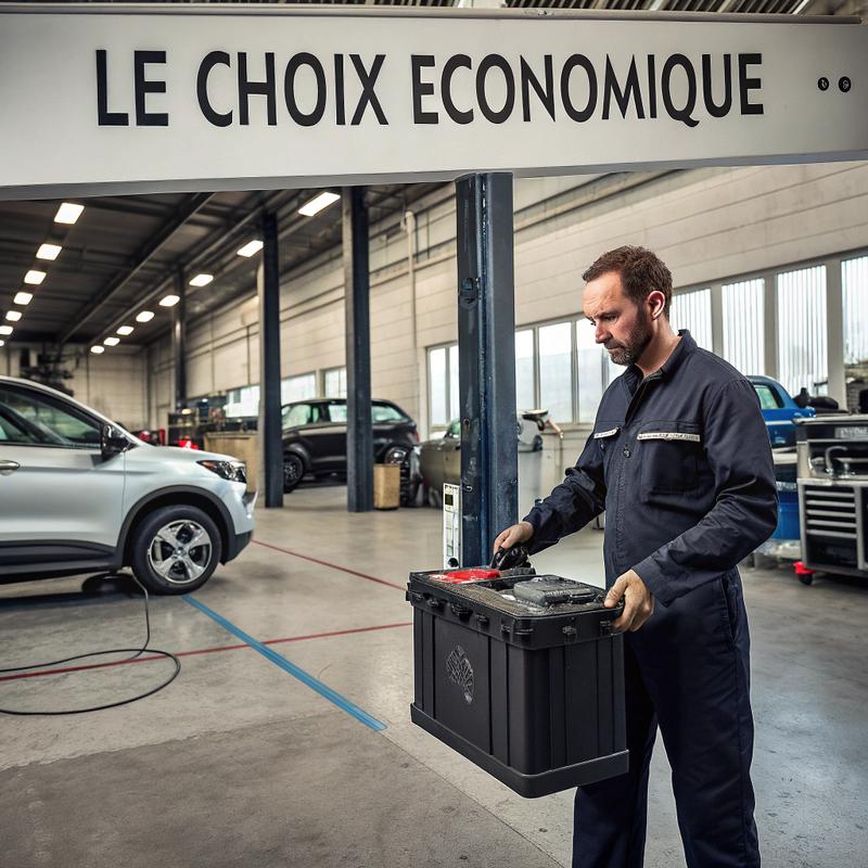 Atelier urbain moderne avec mécanicien tenant une batterie EFB à technologie polyfiber visible, texte 'Le choix économique' en stencil gras, entouré d'outils automobiles et d'équipement de diagnostic.