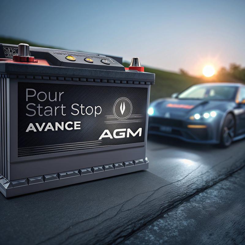 Batterie AGM haute performance alimentant l'électronique avancée d'une voiture moderne avec tableau de bord à LED et slogan Pour Start-Stop avancé