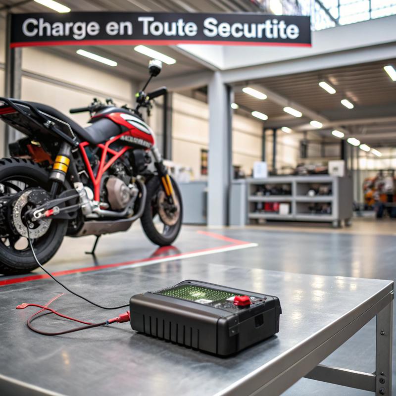 Batterie de moto en charge dans un atelier moderne, avec un chargeur de précision doté de cadrans et indicateurs, sous un éclairage contrasté.