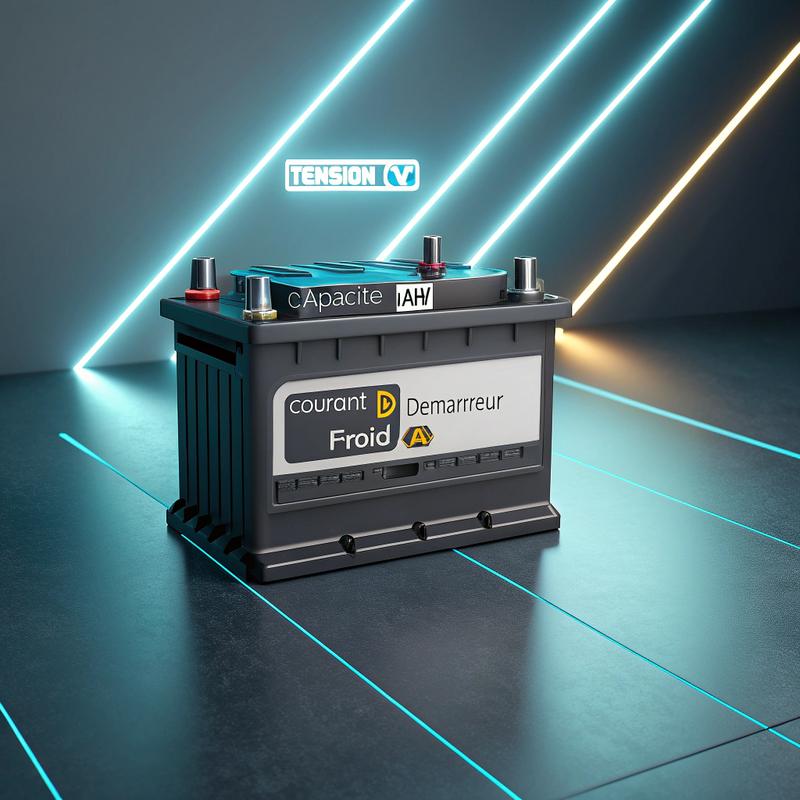 Représentation 3D réaliste d'une batterie de voiture 12V, avec étiquettes détaillées pour Voltage, Capacité, et démarrage à froid, sur fond sombre avec lignes néon lumineuses.