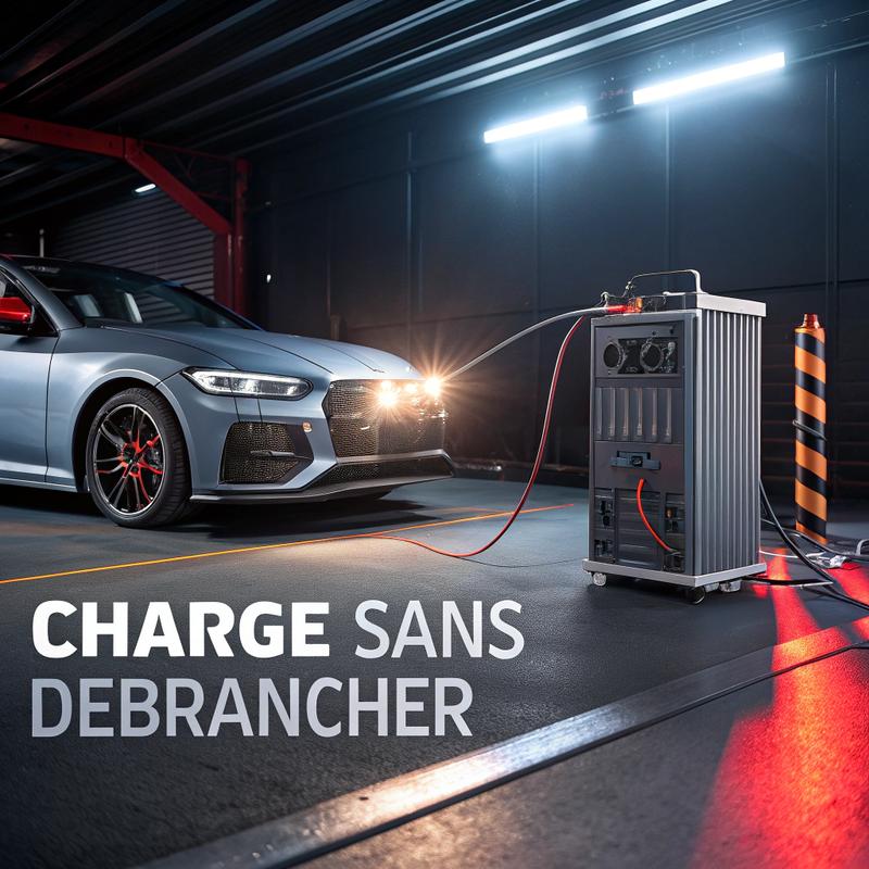 Batterie de voiture moderne en charge, avec des câbles connectés, dans un environnement de garage sombre avec des textures métalliques et des indicateurs lumineux.