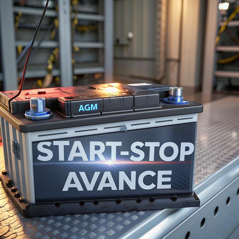 Batterie de voiture moderne avec technologie AGM, étiquette visible de Start-Stop avancé, structure interne en verre absorbant, dans un atelier automobile industriel.