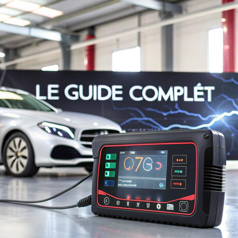 Chargeur de batterie de voiture intelligent affichant des données techniques sur un écran vibrant, dans un garage moderne bien éclairé.