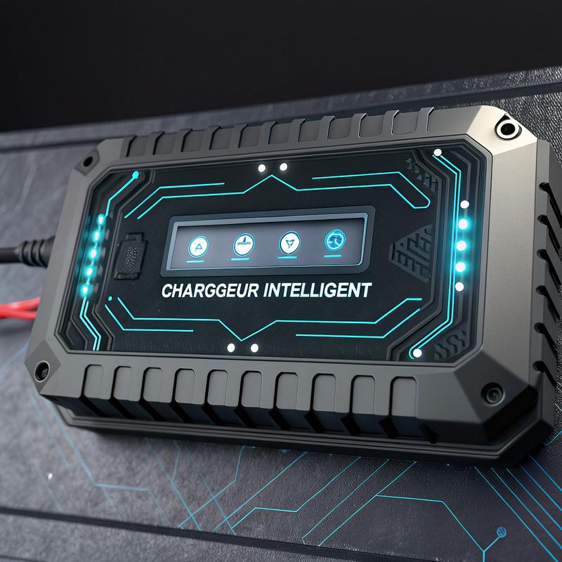 Chargeur intelligent de voiture avec écran lumineux affichant des modes multiples, design moderne et circuits lumineux, éclairé par des LED bleues douces.