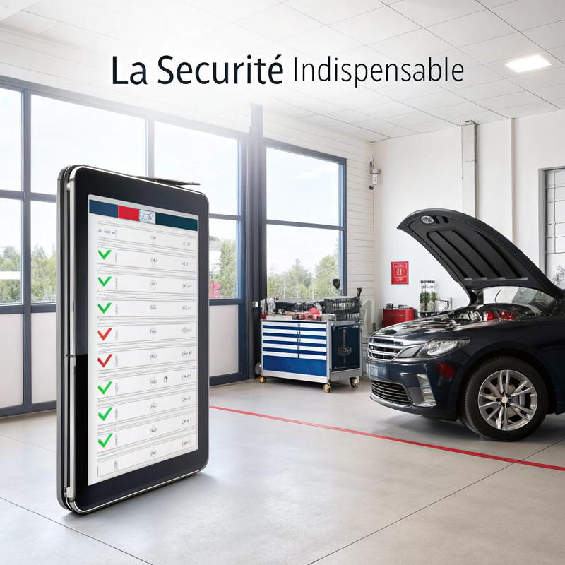Une tablette numérique affichant une liste de contrôle pour l'entretien de batterie de voiture, posée à côté du capot ouvert d'un véhicule dans un garage moderne bien éclairé.