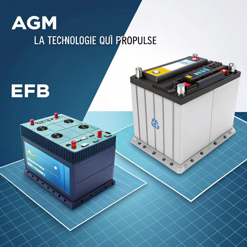 Illustration en deux parties montrant une comparaison entre une batterie AGM et une batterie EFB, avec un fond bleu dégradé et des spécifications techniques détaillées.