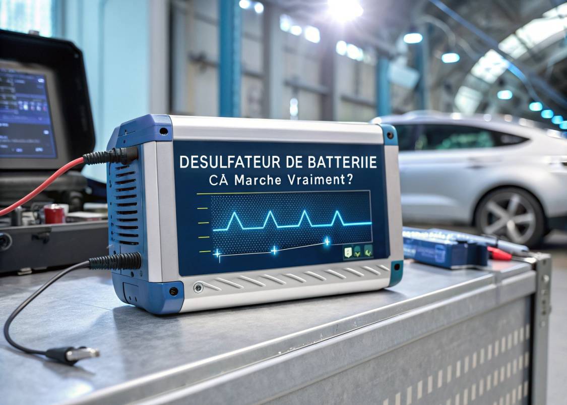 Appareil désulfateur de batterie moderne connecté à une batterie de voiture, avec affichage de formes d'onde électriques et données techniques, dans un atelier high-tech