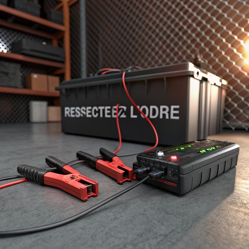 Illustration réaliste du processus de recharge d'une batterie avec des pinces rouge et noir connectées, des voyants LED lumineux, dans un garage faiblement éclairé avec un support d'outils en arrière-plan.