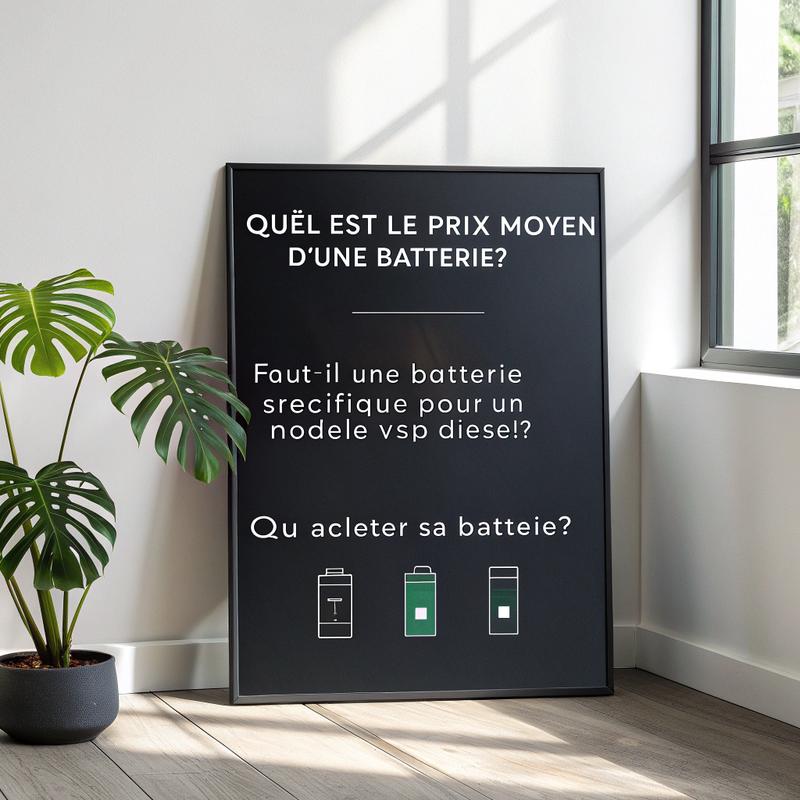 Affichage moderne et minimaliste des questions fréquemment posées sur les batteries pour véhicules VSP diesel incluant des phrases clés sur le prix moyen et les lieux d'achat.