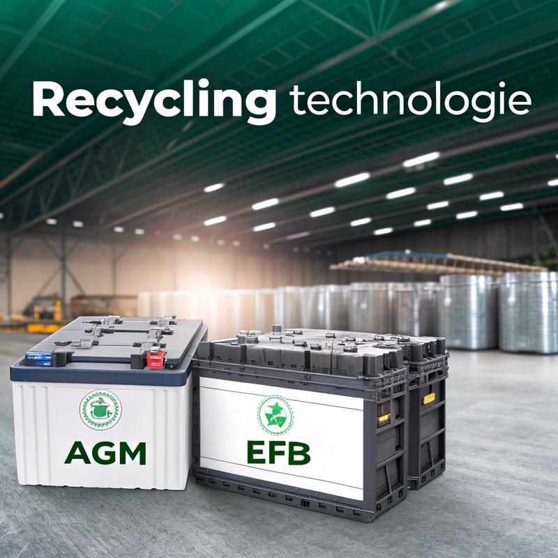 Processus de recyclage de batteries AGM et EFB séparées en sections étiquetées avec un slogan 'Recycling technologie' sur fond d'installation de tri industriel.