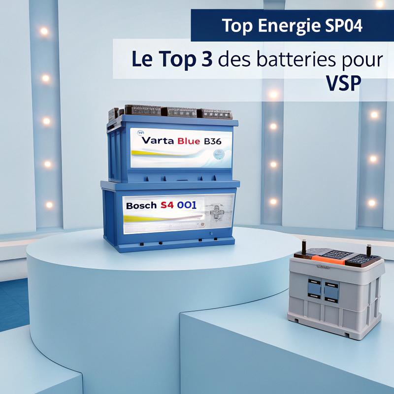 Tableau comparatif mettant en avant les batteries Varta Blue B36, Bosch S4 001 et TOP ENERGIE SP04 pour VSP, avec un rendu photoréaliste et un design moderne en tons de bleu clair et blanc.