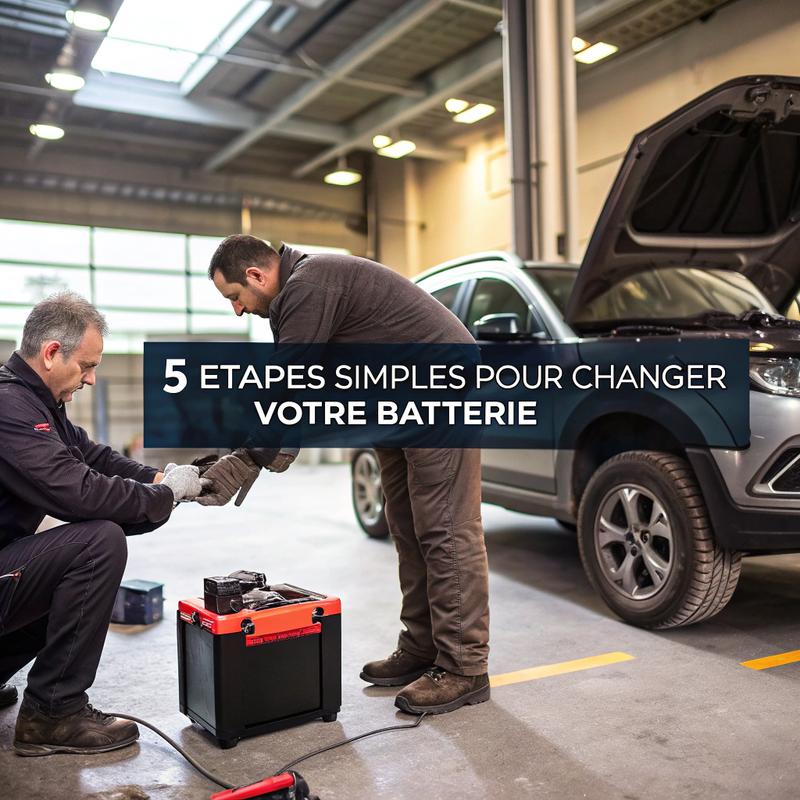 Scène d'un tutoriel détaillant cinq étapes simples pour changer la batterie d'une voiture Ligier, avec annotations descriptives et éclairage professionnel dans un atelier.