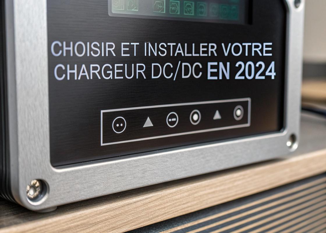 Chargeur DC-DC isolé sur fond blanc, mettant en avant sa taille compacte et sa technologie avancée, avec le texte 'Pour une charge optimale de votre batterie'.