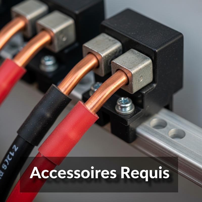 Gros plan sur des câbles de batterie rouge et noir connectés à un porte-fusible avec le texte Accessoires Requis en surimpression
