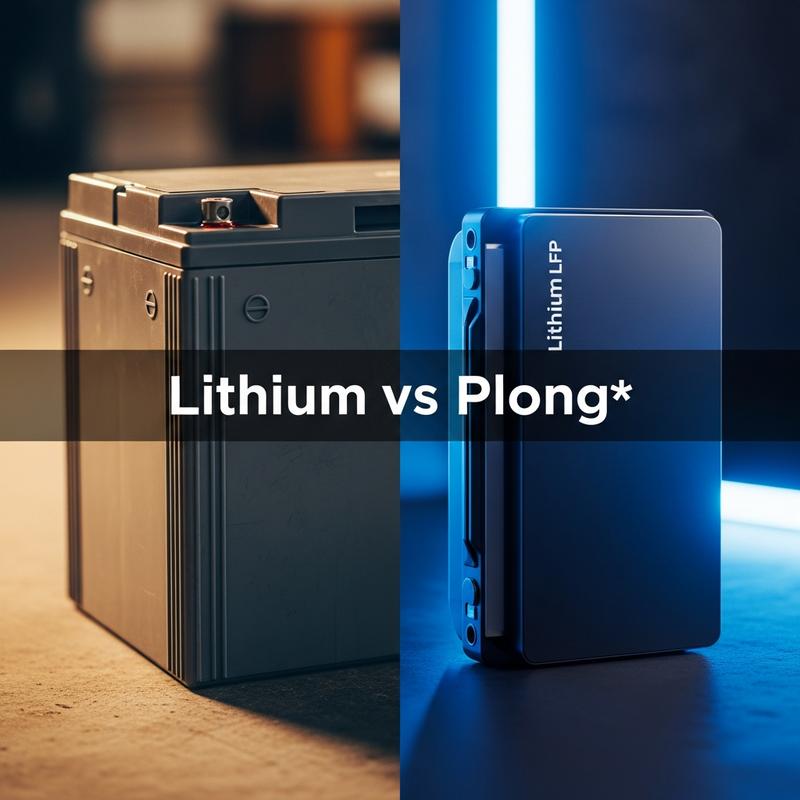 Comparaison visuelle en écran scindé entre une batterie au plomb grise massive et un module lithium noir moderne, séparés par le texte Lithium vs Plomb