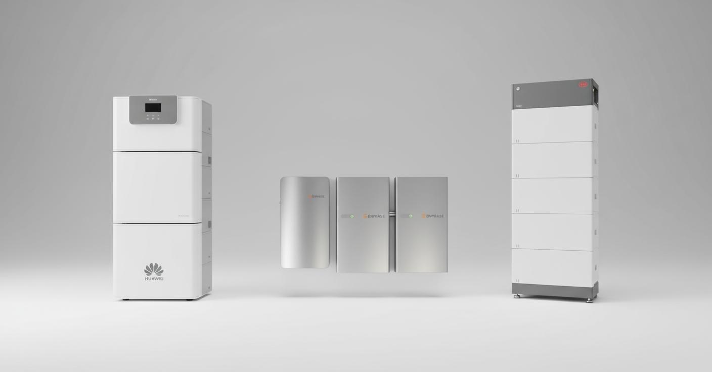 Comparatif visuel des batteries domestiques Huawei LUNA 2000, Enphase IQ 5P et BYD Battery-Box Premium alignées sur un podium blanc