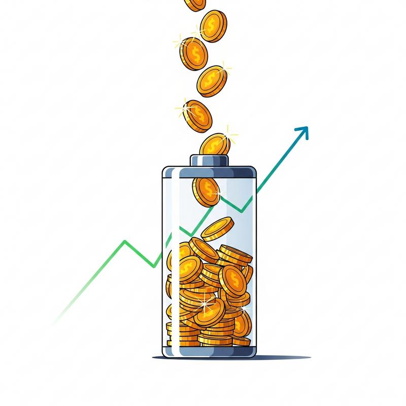 Batterie se remplissant de pièces d'or devant un graphique ascendant illustrant le retour sur investissement du stockage solaire