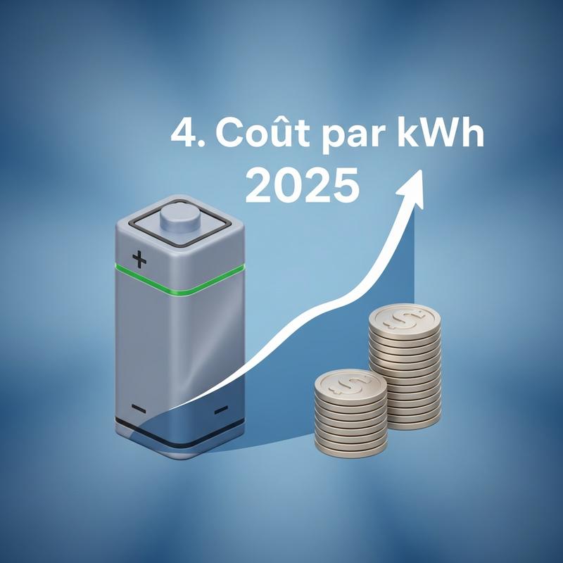 Illustration 3D isométrique d'une batterie prismatique, de pièces de monnaie et d'un graphique ascendant avec le texte Coût par kWh 2025