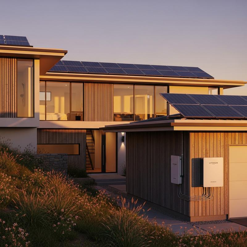 Maison moderne avec batterie lithium blanche murale reliée aux panneaux solaires du toit sous une lumière dorée