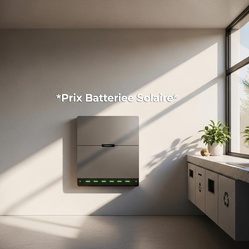 Batterie solaire murale au design épuré avec voyants verts dans un local technique moderne, surmontée du texte Prix Batterie Solaire