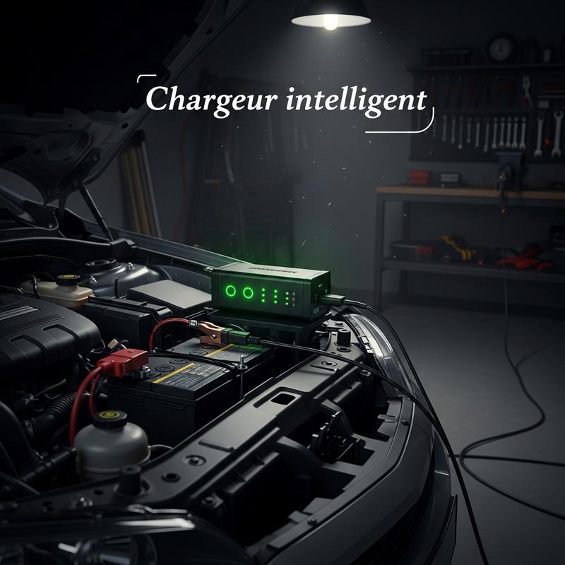 Chargeur de maintien connecté à une batterie de voiture dans un garage sombre, affichant des LED vertes de charge complète et le texte Chargeur intelligent