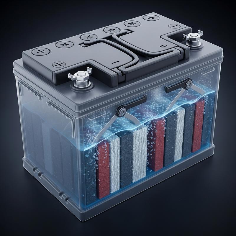Vue en coupe 3D comparant la structure interne d'une batterie voiture AGM Start-Stop et d'une batterie standard au plomb sur fond sombre