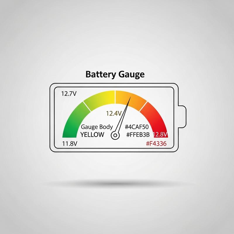 Infographie minimaliste d'une jauge de batterie dont l'aiguille pointe sur la zone verte 12.7V indiquant une charge à 100%
