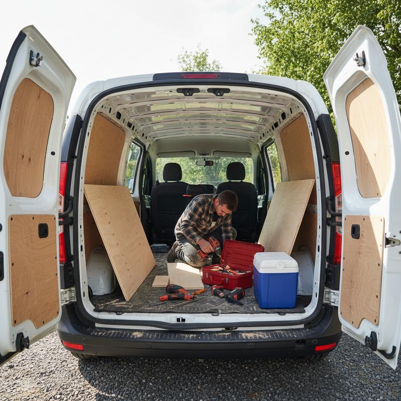 Vue intérieure arrière d'un Dacia Dokker blanc en cours de conversion van avec panneaux de bois, caisse à outils et glacière