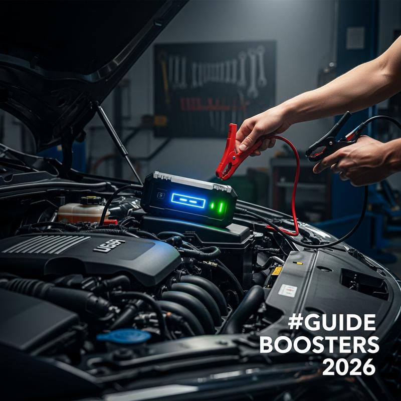 Mains connectant les pinces d'un booster de batterie lumineux sur un moteur de voiture dans un garage sombre, avec le texte 'Guide Boosters 2026'