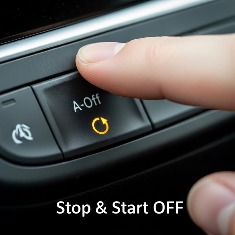 Gros plan d'un doigt appuyant sur le bouton Start & Stop avec voyant orange allumé et texte superposé Stop & Start OFF