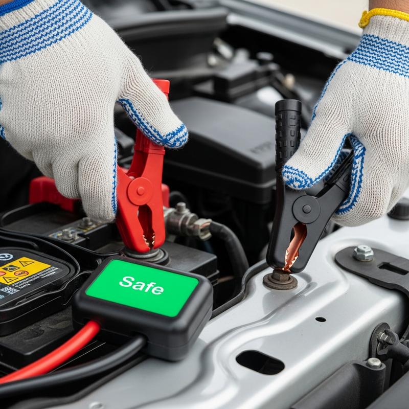 Connexion sécurisée de câbles de démarrage : pince rouge sur borne positive, noire sur châssis et voyant vert activé