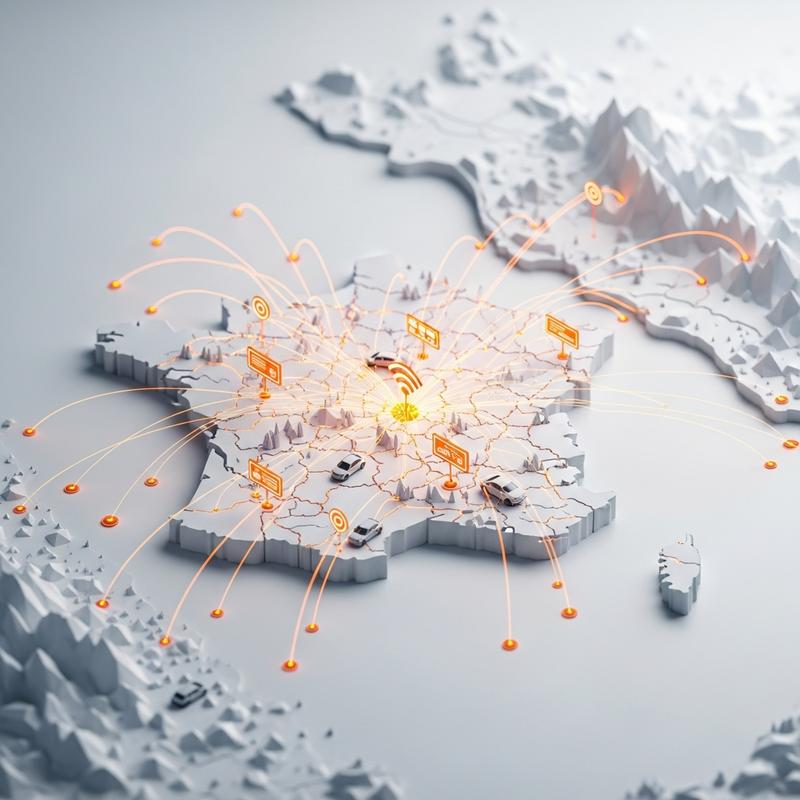 Illustration isométrique d'une carte de France numérique connectée par des flux de données, avec des véhicules convergeant vers un hub central orange