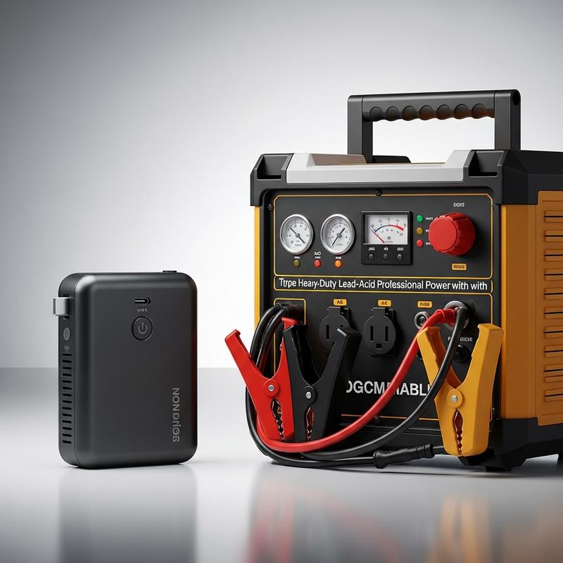 Comparaison visuelle côte à côte d'un petit booster lithium compact et d'une volumineuse station de démarrage au plomb sur fond neutre