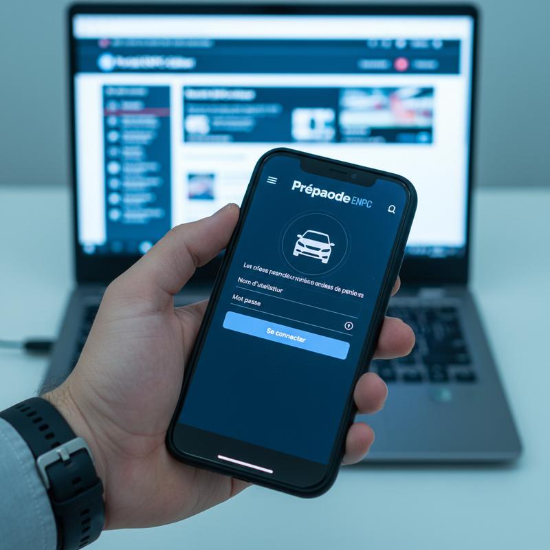 Smartphone affichant l'interface de connexion de l'application Prépacode avec le portail ENPC-Ediser visible en arrière-plan flou