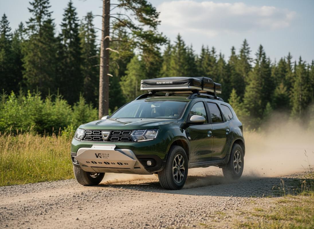 Dacia Duster 4x4 roulant sur un chemin de gravier avec une tente de toit repliée, soulevant de la poussière sur fond de forêt