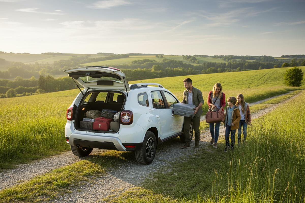 Famille chargeant des bagages dans le coffre ouvert d'un Dacia Duster stationné dans un paysage verdoyant