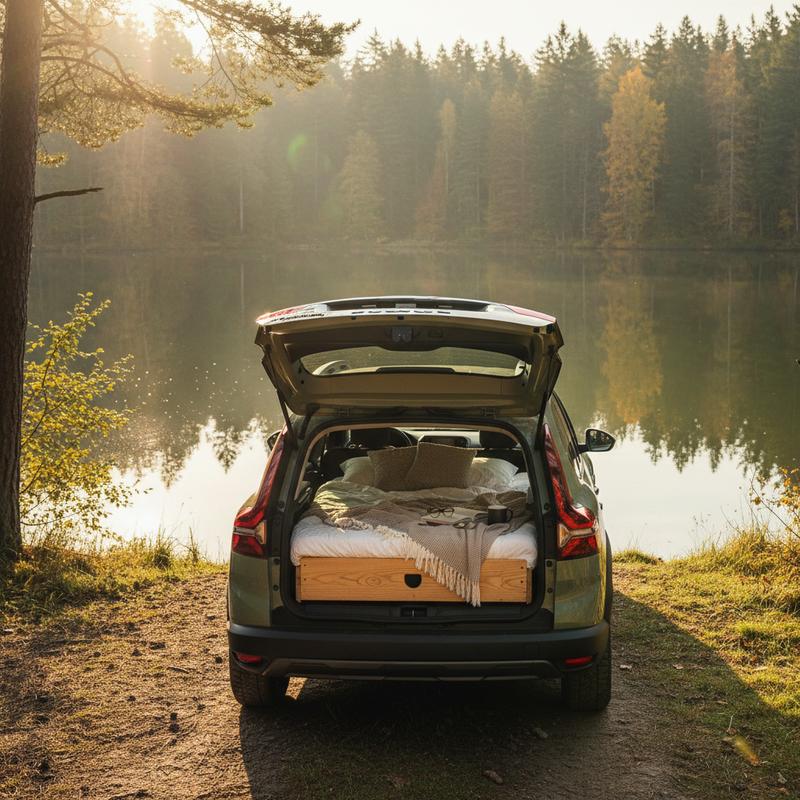 Dacia Jogger vert kaki stationné au bord d'un lac, coffre ouvert dévoilant le système de lit Pack Sleep en bois déplié