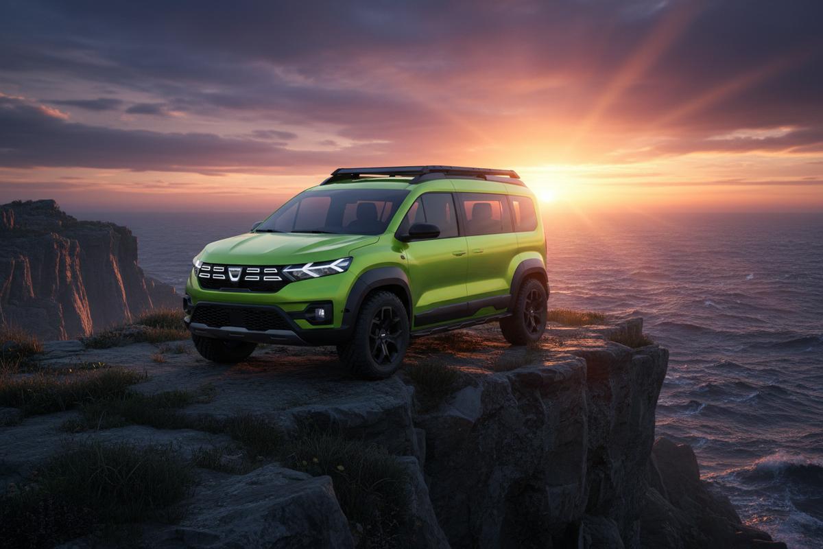 Concept car Dacia Sandman vert lime au look futuriste et baroudeur stationné sur une falaise au coucher du soleil
