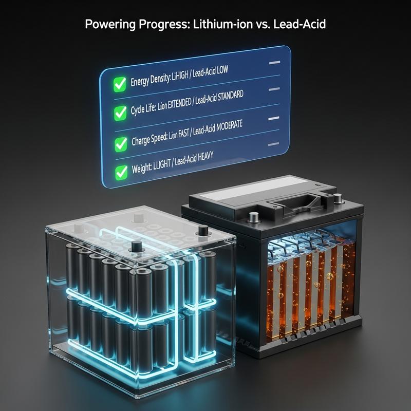 Illustration 3D comparant l'intérieur d'une batterie lithium-ion et plomb sous un hologramme de diagnostic affichant le texte FAQ Expertise