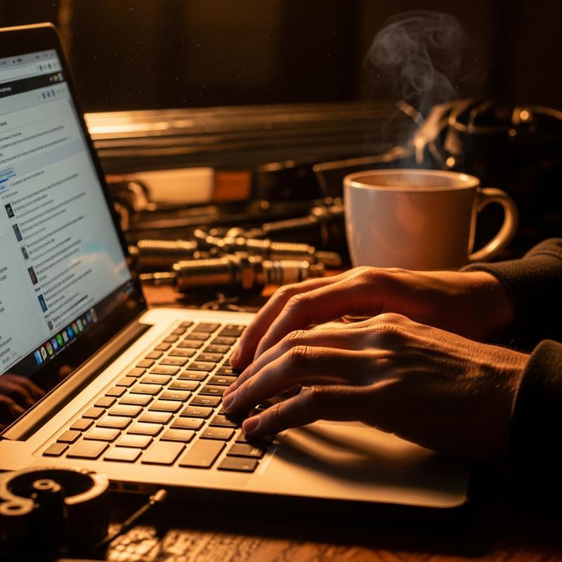 Gros plan sur des mains tachées de graisse tapant sur un clavier d'ordinateur au milieu de pièces mécaniques, écran affichant un forum automobile flou