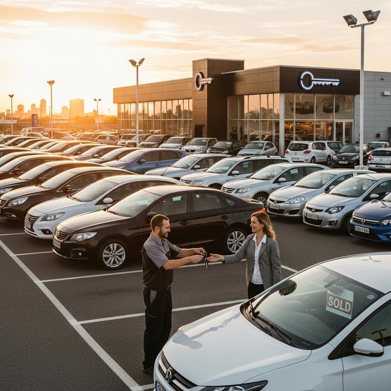 Mécanicien remettant les clés d'une voiture blanche à hayon à un client sur le parc d'une concession automobile moderne à l'heure dorée