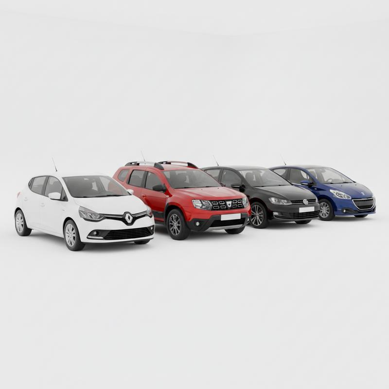 Alignement de cinq voitures (Toyota Yaris, Renault Clio 4, Dacia Duster, VW Golf VII, Peugeot 208) sur fond blanc illustrant le top 5 rapport qualité-prix