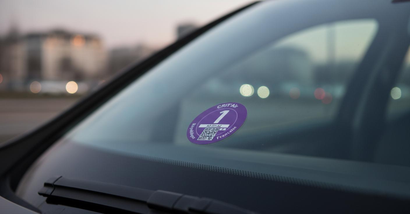 Vignette Crit'Air 1 violette collée à l'intérieur d'un pare-brise de voiture avec une ville floue en arrière-plan