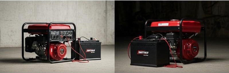 Batterie 12V et générateur portable dans un garage sombre sous un éclairage chaud, avec l'inscription Batterie Groupe en blanc